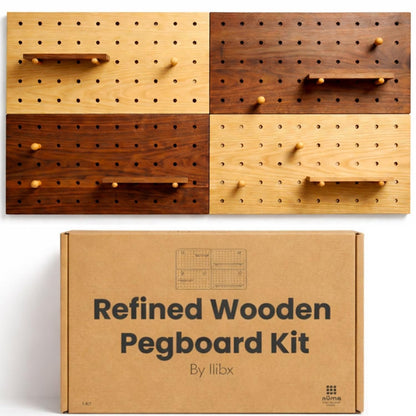 IliBx Wooden Pegboard Wall Organizer Kit – Modern Density Wood Peg Board with Shelves & Hooks – 2 Tone Natural & Brown Wood-Look Wall Organizer for Office Setup or Home Decor Storage Rack