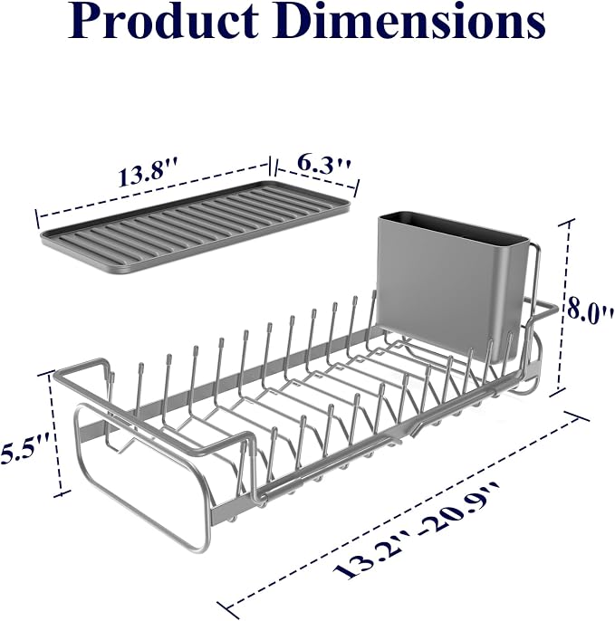 Kitsure Dish Drying Rack - Expandable Dish Rack for Kitchen Counter, Over Sink Or in Sink, Space-Saving Plates Dryer with Cutlery Holder & Drip Tray, 14.0"-20.9" L x 6.3" W x 8.0" H, Grey