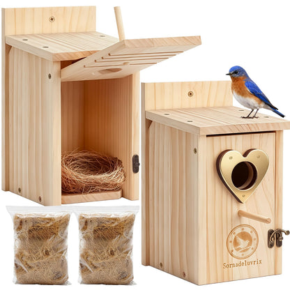 SORNADELUVRIX 2 PCS Bird Houses for Outside, Predator Proof Bluebird Houses Hanging, Wooden Bird Houses for Outdoors, Bird House Kits for Adults & Kids with Perch & Nesting Material