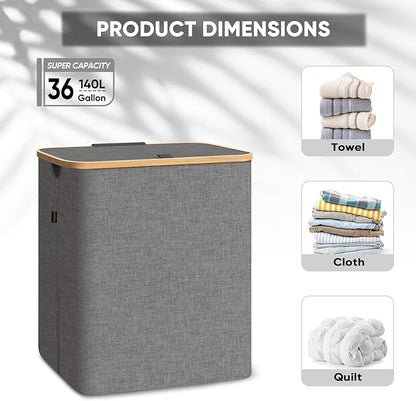 BALEINE Laundry Hamper with Lid, Tall Laundry Baskets with Bamboo Pull Handles