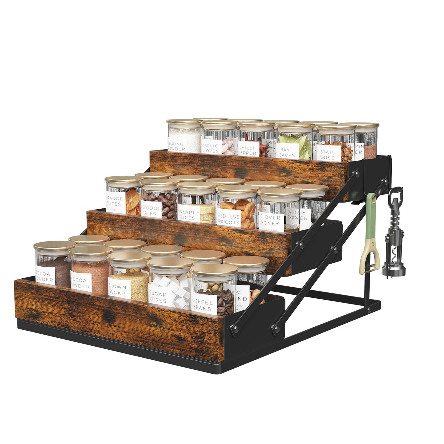 KOKSTOP 3 Tier Spice Rack Organizer for Cabinet, Foldable Spice Rack for Countertop, Cabinet Drawers Rustic Wooden Seasoning Spice storage for Kitchen Station, Pantry, Home - 1PC