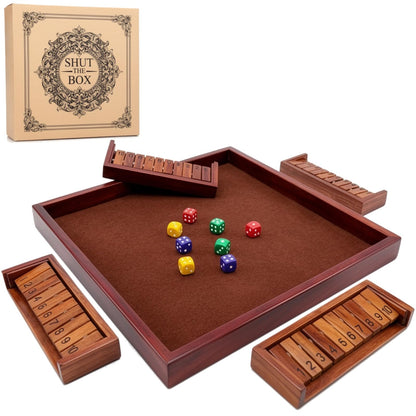 MoodLife Shut The Box Dice Game, Wooden 4 Player Board Game with Dice, Classic Family Tabletop Number Game for Kids Adults, Travel Pub Bar Party Game, Math Learning Gift