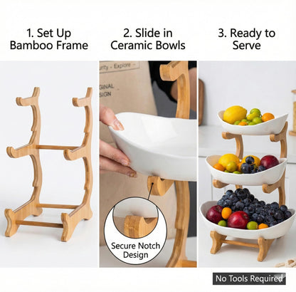 TOSCARA Bamboo Fruit Stand - 3 Tier Ceramic Fruit Bowls with Wooden Stand – Fruit Holder for Kitchen, Dining Table & Living Room – Decorative Countertop Organizer for Fruits, Vegetables & Snacks