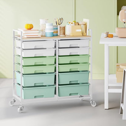 Rolling Storage Cart with 12 Drawers, Wooden Tabletop Utility Cart for Craft Storage, Art Supply Storage & Home Office Organization, Teacher Cart with Wheels for Classroom Organization, School (Green)