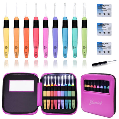 Yarniss Led Light Crochet Hooks Set with Case,9 Size Light Up Crochet Hooks 2.5mm~6.5mm Include Battery，Ergonomic Glow in Dark Handles