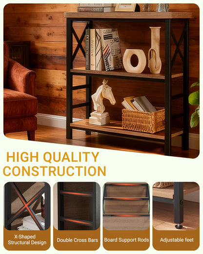 MNEETRUNG Book Shelf, Small 3-Tier Industrial Bookshelf with Strong Metal Frame & Backboard, 29.5" Short Bookcase for Small Spaces, Living Room, Bedroom and Home Office, Brown