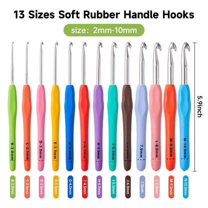 INSCRAFT 67 Pack Crochet Hooks Set, 13 PCS 2mm(B)-10mm(N) Ergonomic Soft Grip Crochet Handles Yarn Knitting Needles Kit with Case for Arthritic Hand, Crochet Starter Kit for Beginners and Lovers