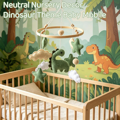Soft Green Dinosaur Theme Baby Mobile for Crib, Simple Crib Bell for Boys and Girls,Handmade Felt Clouds Nursery Ceiling Decoration,Easy to Install Cotton Animal Charms for Bassinet