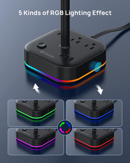TROND Headphone Stand with USB C, Desk Gaming Headset Holder with 3 AC Outlets, 2 USB-A and 1 USB-C, Headset Stand with 5 RGB Light Modes, for Gaming Desk Accessories Gamer Boyfriend Gifts