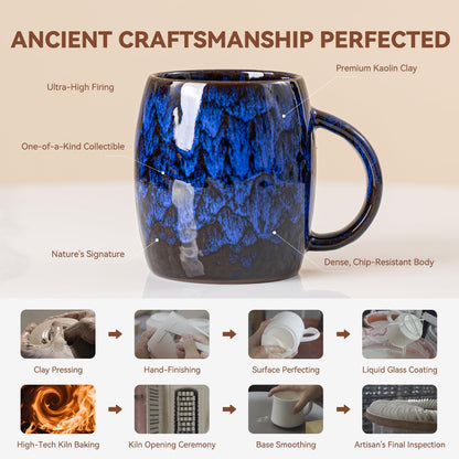 XIYUANJI Midnight Blue Ceramic Coffee Mug 14oz - Handcrafted Artisan Mug with Large Comfortable Handle, Unique Design for Coffee Lovers, Dishwasher Safe