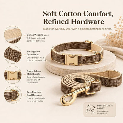 Herringbone Tweed Dog Collar and Leash Set for Small Dogs, Grey-Brown | Snag-free, no-rub design. Soft breathable cotton, gentle on fur. Adjustable durable matching combo for walks & outdoors.