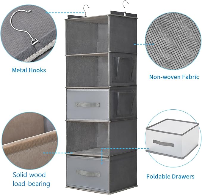 5-Tier Hanging Organizer for Closet, Fabric Closet Organizer