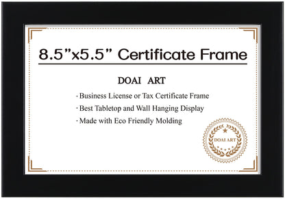 DOAI ART 8.5 x 5.5 Business License Frame Black, Professionals 5.5 x 8.5 Certificate Frames Fit Diploma, Document and Tax Certificate Self Standing with Wall Hangers