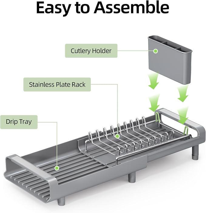 TOOLF Small Dish Drying Rack, Mini Expandable Compact Dish Rack, Slim Extendable Stainless Steel Dish Drainer for Kitchen Plate Storage, Space Saving Dish Strainer in Sink or on Home Countertop, Gray