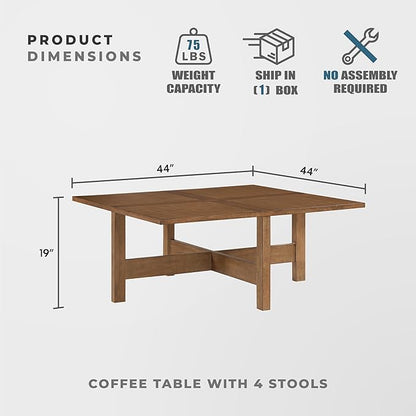 Lexicon 44" Square Coffee Table with 4 Upholstered Stools, Maple Veneer Wood Cocktail Table, Gray Upholstered Stools with Casters, Modern Living Room/Apartment Centerpiece, Full Assembled, Brown