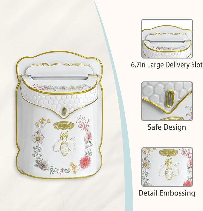 Wall Mount Mailbox for Outside Vintage Mail Boxes for House Outside Metal Door Mailbox Drop Box Antique Style Nostalgic Charm Home Decorative, Bee Pattern, White
