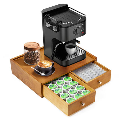 Inlisy 15.8"L X 11.8"W X 4"H Wooden K cup Storage, Keurig Stand With Storage, Coffee Pod Holder Organizer, Desktop Kitchen Storage with 2 Drawers, 30/40/60 Pod Capacity, Natural