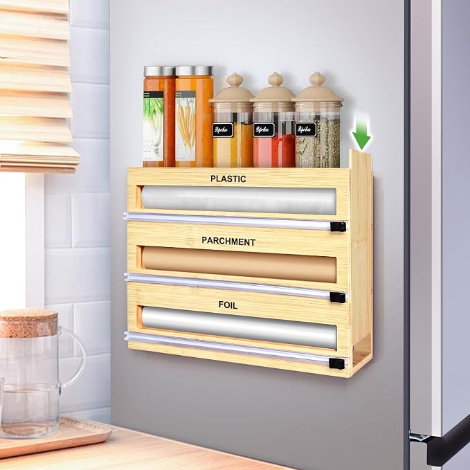 MSJGA Magnetic Plastic Wrap Dispenser with Cutter, 3 in 1 Refrigerator Bamboo Organizer for Tin Foil, Baking Paper, Wax Paper Holder Kitchen Storage Box Compatible