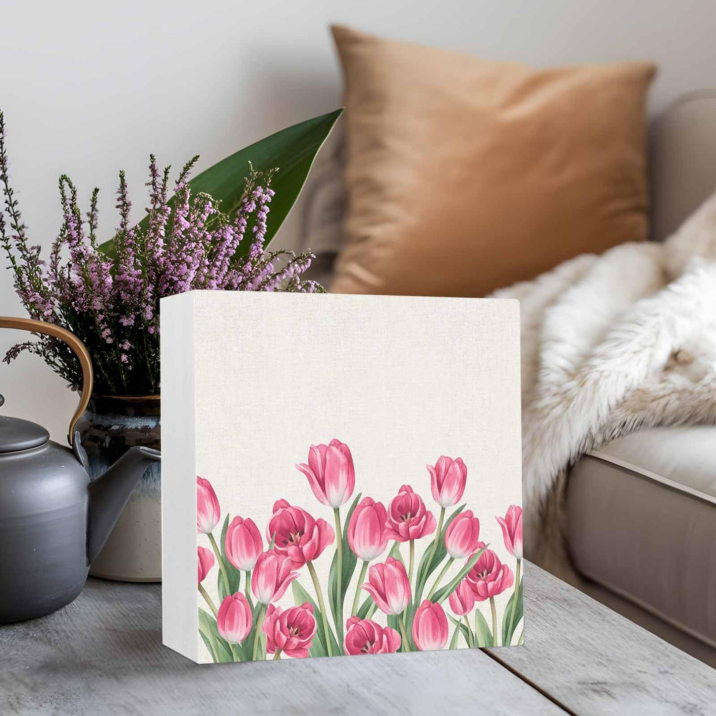 Wood Box Sign Desk Decor Rustic Spring Tulips Linen Texture Square Boxes Sign, Farmhouse Pink Flower Wooden Block Box Sign Decoration for Home Wall Tabletop Shelf Office Decor,6x6IN