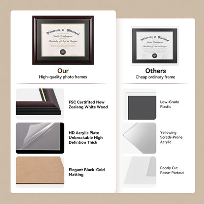 GAMYPET Solid Wood Diploma Frame 8.5 x 11 Certificate Frames with Black Mat or 11x14 Document without Mat as Graduation Picture Frame