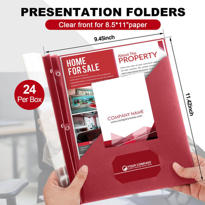 Teling 24 Pcs Clear Front Report Covers with 3 Prongs, Suit for A4/8.5'' x 11'' Letter Size Paper, Plastic Dark Red Presentation Folders Bulk, 90 Sheet Capacity, for School Business