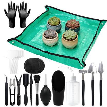 30PCS Mini Succulent Gardening Tools Set with 19.7" Waterproof Repotting Mat, Complete Indoor Plant Care Kit for Transplanting, Potting, Bonsai, Cactus, Houseplant & Fairy Garden