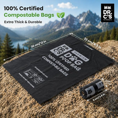 100% Certified Compostable Dog Poop Bags - Dr. C's Premium Dog Poop Bags - 270 Bags / 18 Rolls, Extra thick, Leak Proof, Unscented, Plant Based and Earth Friendly