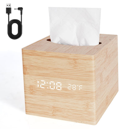 ANHUXINLEI Wooden Tissue Box Cover - Digital Square Holder with Dimmable Alarm Clock, Temperature and Date Display - Cordless Home Decor for Office Desk, Nightstand and Bedroom Organization
