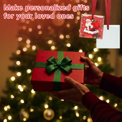 24 PCS Glass Sublimation Blanks Ornament Sublimated Glass Square 3 Inch with Red Ribbons,Personalized Christmas Ornaments