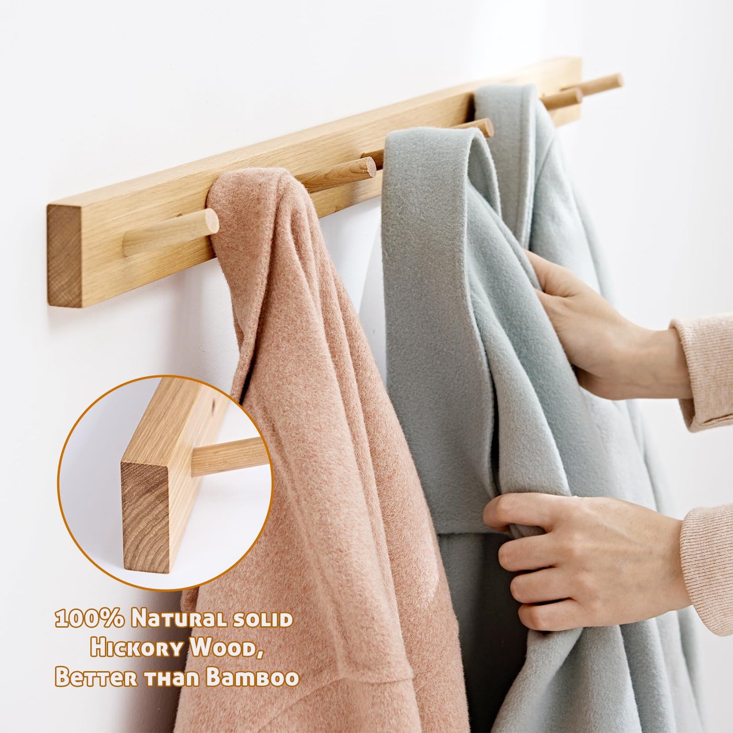 Wall Mounted Coat Rack 16 inches, Hickory Wood Wall Coat Hooks with 4 Hooks, Wooden Coat Hanger for Hanging Clothes Robes Towels Hats, Natural