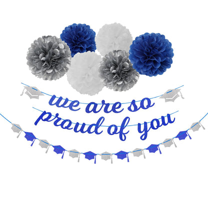Navy-Blue White-Silver Party-Decoration Graduation Banner - 8pcs Kits Cap Garland Streamers, Paper Tissue Pom Poms Flowers,We are So Proud of You Congratulations Grad 2026 Decor Lasting Surprise