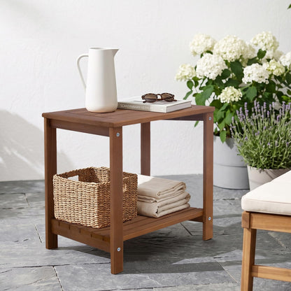 PHOARTS Solid Fir Wood Outdoor Side Table,2 Tier Small Patio End Table with Slatted Storage Shelf,Wooden Accent Table for Porch,Poolside,Garden,Living Room, Bedroom, 16.5 x 12.7 x 17 in,Brown