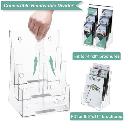 Argvey Acrylic Brochure Holder 8.5 x 11 inches, 3 Tier Clear Literature Holder with Removable Divider for Trifold 4 Inches Wide Pamphlet, Plastic Flyer Display Stand for Magazine, Document, Booklet