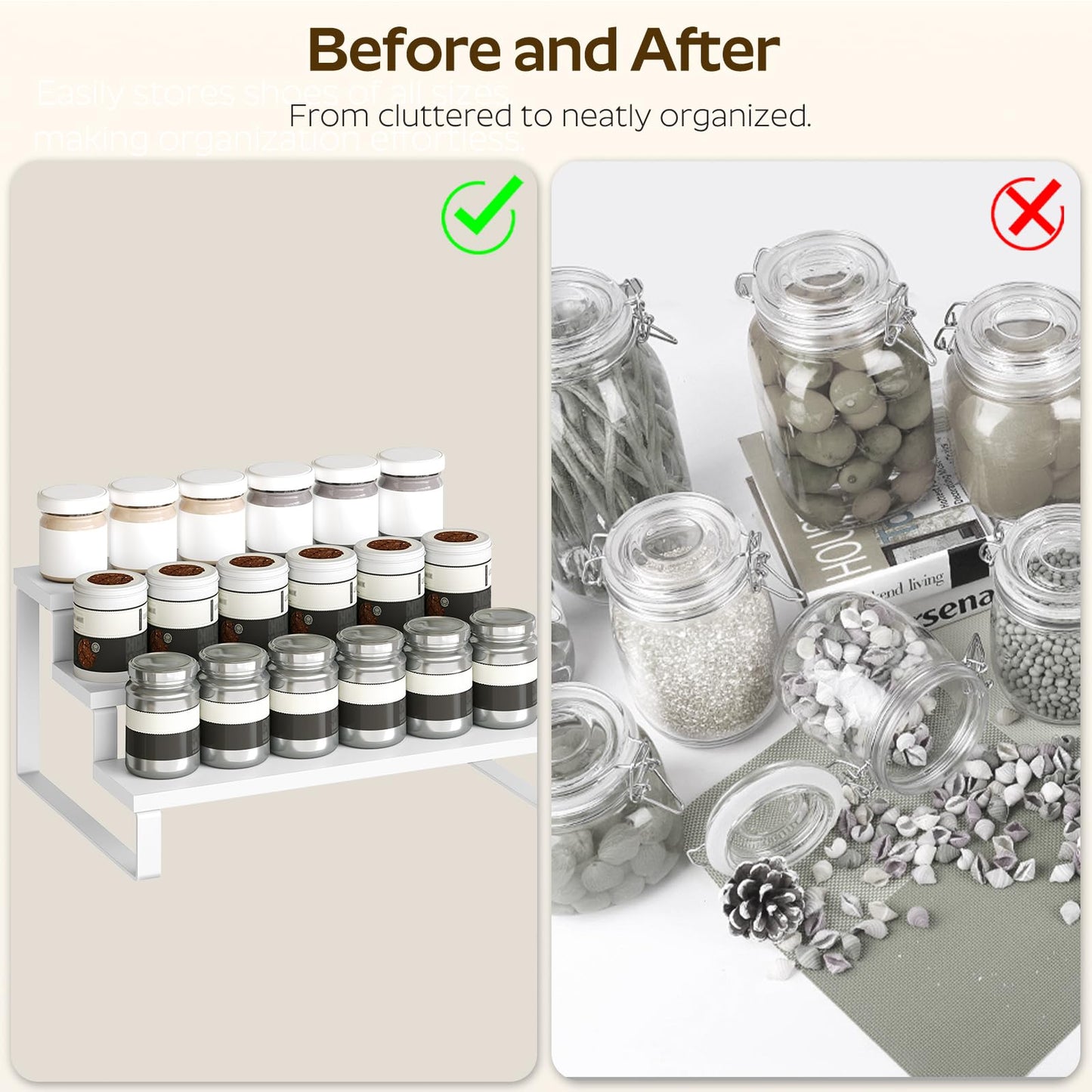 YATINEY Spice Rack, Wooden Display Riser Stand, Set of 2, Vanity Display Stand, Perfume Organizer, Tiered Countertop Organizers, Space Saving, for Kitchen Spices,Syrup, Coffee Mugs, White SR03L2WW