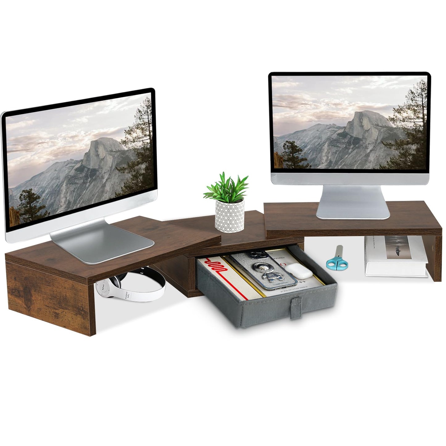 TEAMIX 3 Shelf Monitor Stand Riser With Drawer - Length and Angle Adjustable Dual Riser With Storage Corner Desk Shelf Organizer Large Computer Stand for 2 Monitors/Laptop (Brown, 1 Drawer)