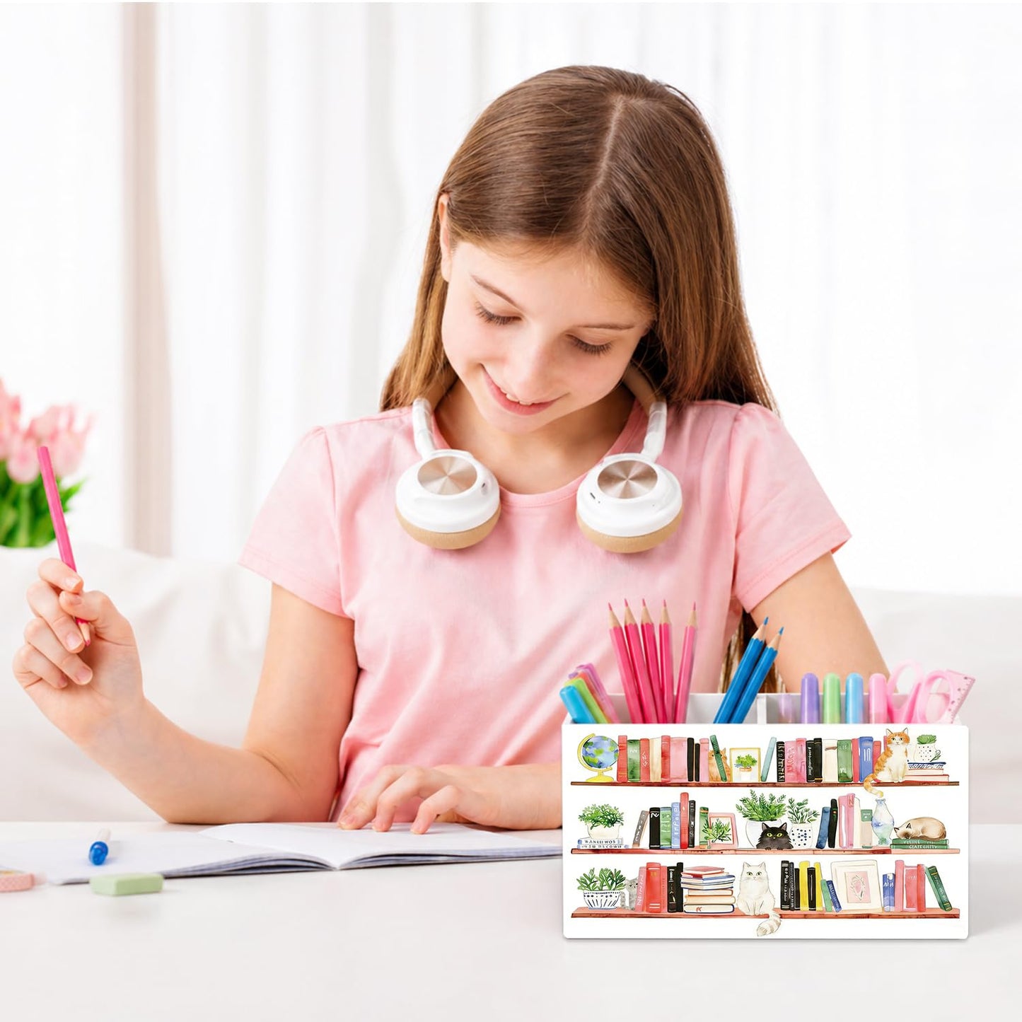 CalmVerve Book Lover Cat Pen Pencil Holder for Desk, Book Lover Reader Bookish Gifts, Retro Whimsical Bookshelf Cat Pencil Holders Wooden Box Organizer for Home Library Reading Room Desk Tabletop