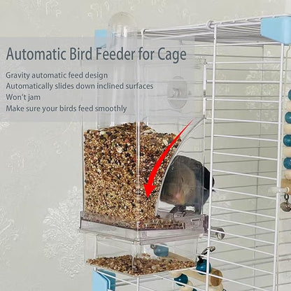 Automatic No Mess Bird Cage Feeder， 2Pack Acrylic Transparent Parrot Seed Feeders with Perch Parakeet Food Container Cage Accessories for Small and Medium Lovebirds Canary Cockatoo Cockatiel Finch