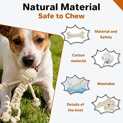 3 Pack Cotton Rope Dog Toy Set, Indestructible Chew Toys for Aggressive Chewers, Puppy Teething Toys with Bone, Human & Chinese Knot Designs for Boredom Relief & Tug of War， White