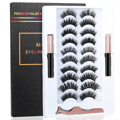 BILEYCHA Upgrade 3D Natural Magnetic Eyelashes,Lightweight Magnetic Eyeliner and Eyelashes Kit, 2 Magnetic Eyeliners- No Glue Needed (10 Pairs)