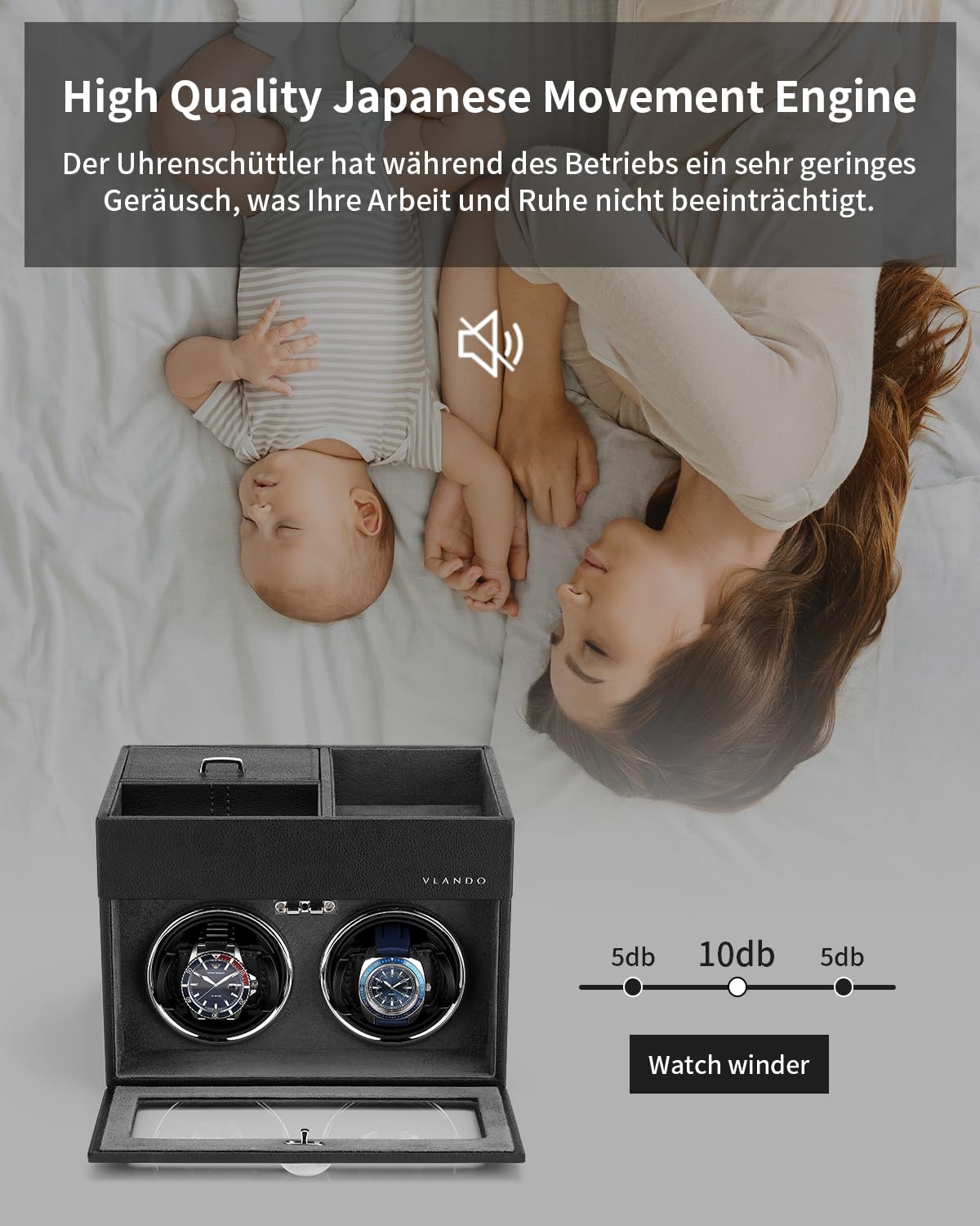 VLANDO Automatic Double Watch Winder for Men - Watch Winder Box with Jewelry Organizer Tray for Father Husband Dad, Japanese Quiet Motor, LED Light, Adjustable Watch Pillows - Black