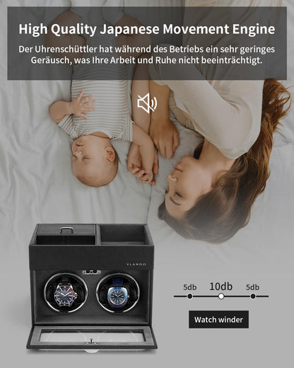 VLANDO Automatic Double Watch Winder for Men - Watch Winder Box with Jewelry Organizer Tray for Father Husband Dad, Japanese Quiet Motor, LED Light, Adjustable Watch Pillows - Black