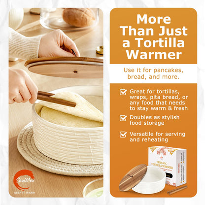 SoulMex Ceramic Tortilla Warmer with Airtight Wooden Lid – 8.8 Inch Tortilla Holder, Insulated Bread Pancake Warmer, Authentic Tortillero for Tortillas, Pancakes, Roti – Large Tortilla Container