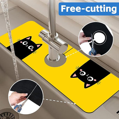 Cute Black Cat Head Kitchen Sink Splash Guard Mat Absorbent Fast Drying Mat