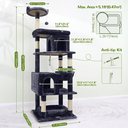 Globlazer Heavy Duty Cat Trees for Large Cats, Sturdy 72in Maine Coon Cat Tree for Large Cats 20 lbs+ Heavy Duty Cat Tower for Adult Biggest Cat with 6 Scratching Posts, Hammock, S72, Dark Gray