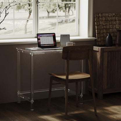 HMYHUM Acrylic Computer Desk, 32 Inch Clear Office Desk for Small Spaces, Study, Writing, Vanity Table with Cylindrical Legs, Modern, Easy Assembly