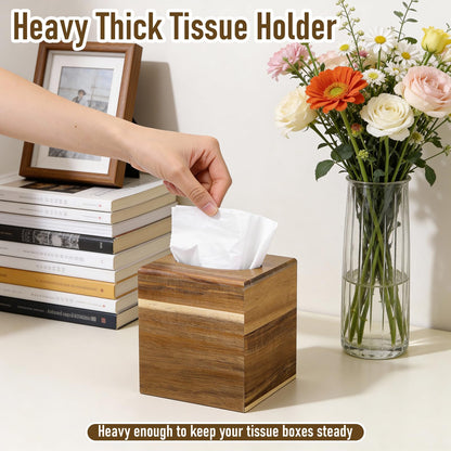 2 Pack Wooden Tissue Box Cover Square, Acacia Wood, 5.5 x 5.5 x 6.2