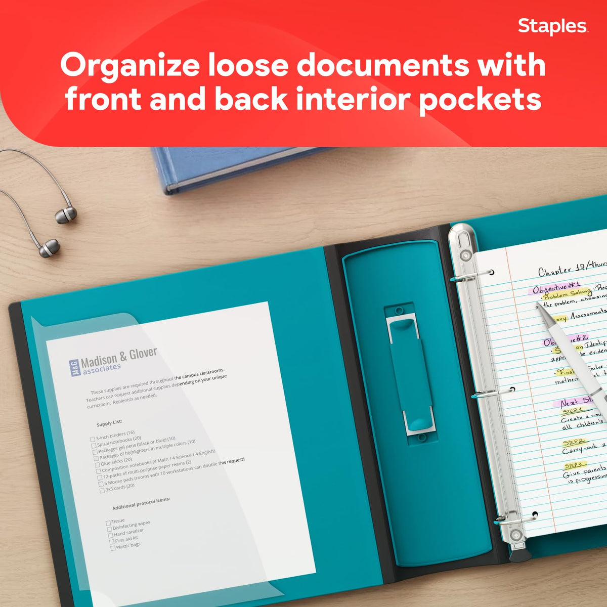 Staples Heavy-Duty 3-Inch D-Ring Binder, Teal – Large Capacity 3-Ring Binder with Pockets, Holds Up to 600 Sheets