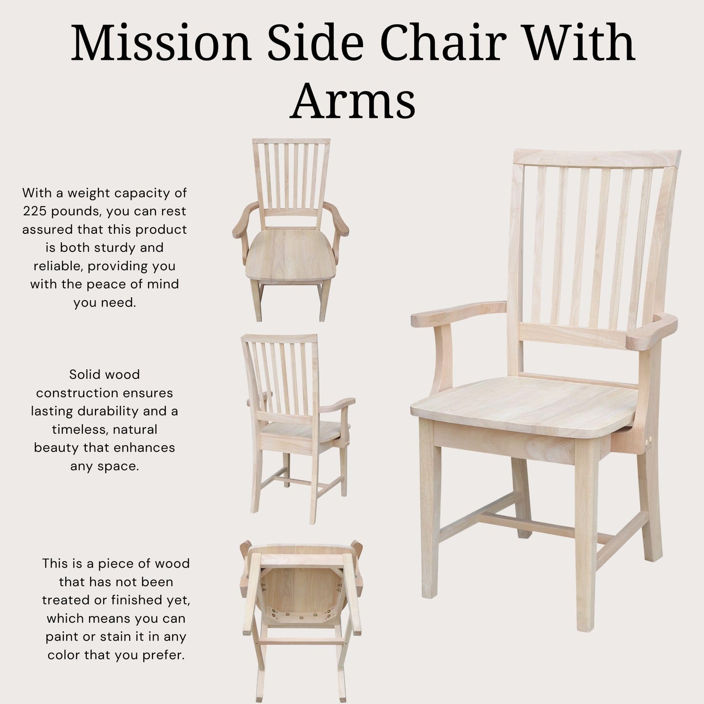 International Concepts Mission Side Chair with Arms, Solid Parawood, Unfinished
