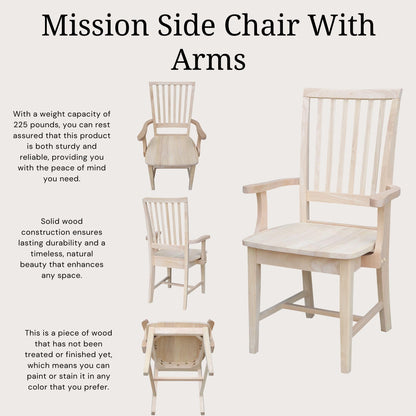 International Concepts Mission Side Chair with Arms, Solid Parawood, Unfinished