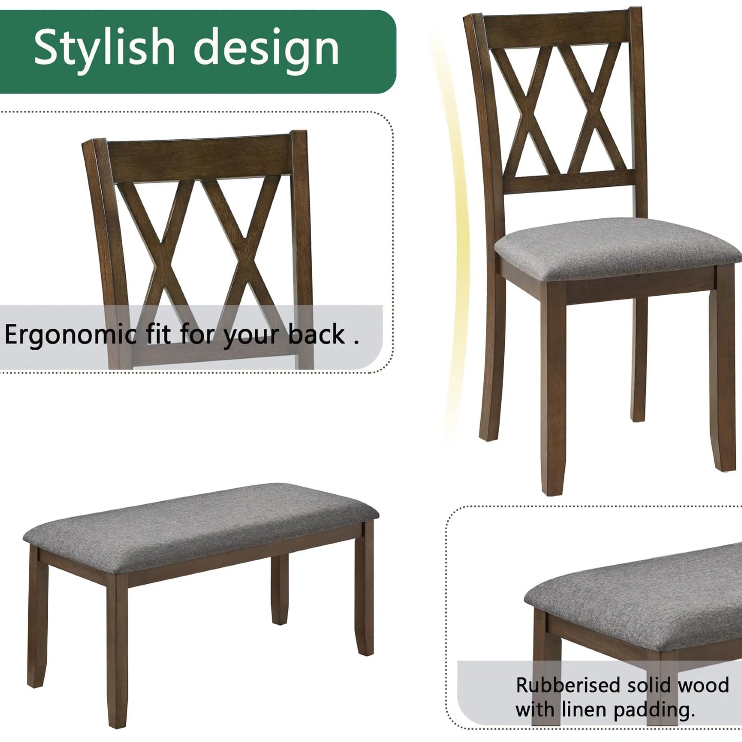 Trygoal Dining Table Set, Wooden Kitchen Table Set with Rectangular Table, 4 Vertical X Backrest Upholstered Chairs & a Bench, Table and Chairs with Non-Slip Feetmats for 6 People, Living Room, Walnut